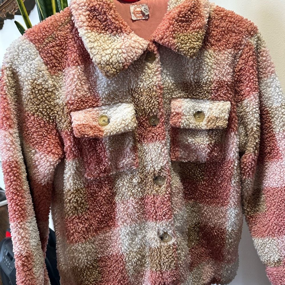 Plaid Sherpa Jacket in Pink and Cream